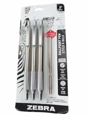 Zebra Stainless Steel Ballpoint Pens - 3 Pack with 2 refills